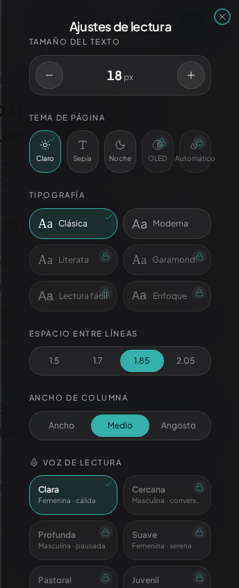 Ajustes de lectura con temas, fuentes y voces