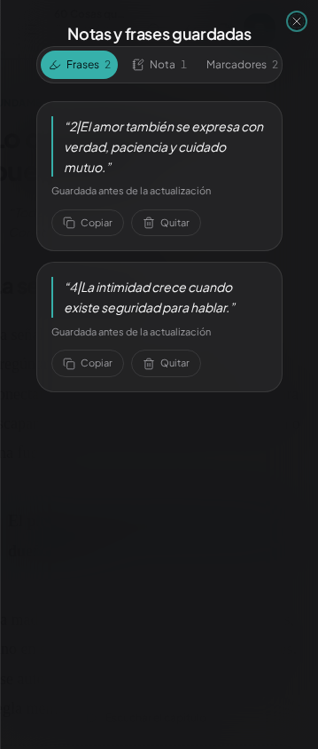 Panel de notas y frases guardadas
