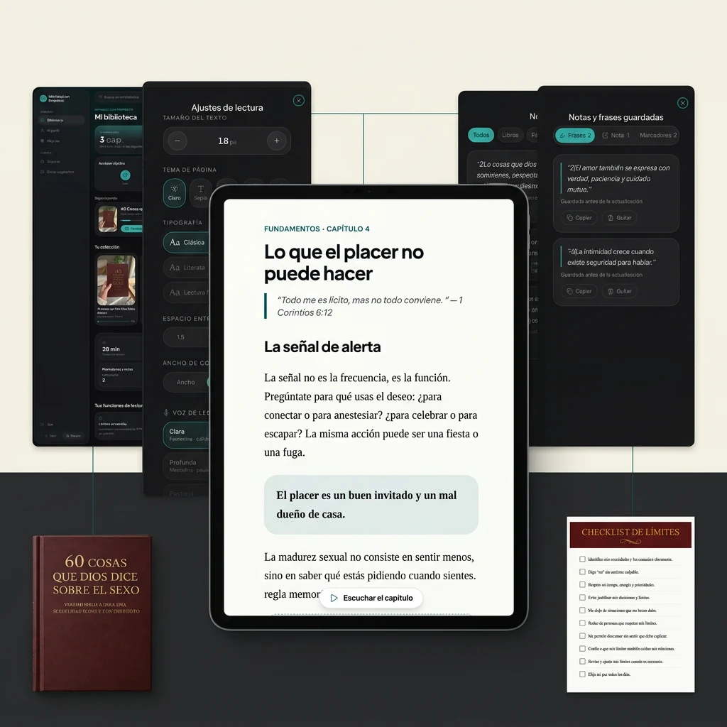 Aplicación de lectura con audio, ajustes, notas y recurso práctico